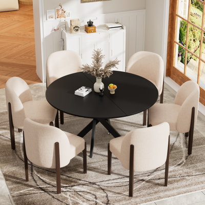 Ensemble de salle à manger rond 47,2 po, table à pieds croisés modernes et 6 chaises rembourrées en tissu pour les petits espaces, cuisine