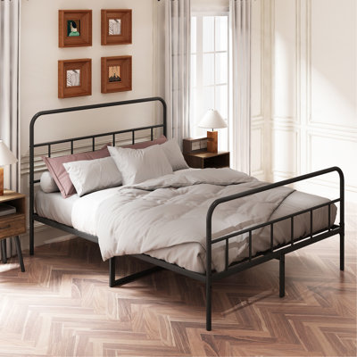 Cadre de grand lit avec tête et pied de lit, cadre de lit plateforme en métal, support à lattes entièrement en métal, rangement sous le lit, aucun sommier nécessaire, assemblage facile, noir