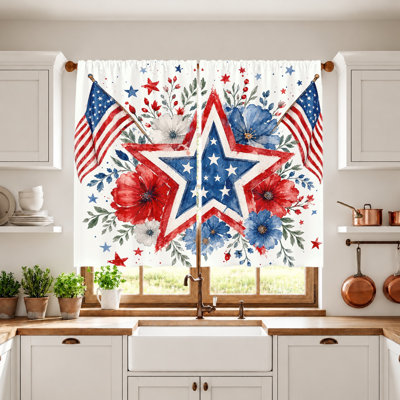 2Pcs American Flag Stars floral print curtains, light filtering fabric, artistic patriotic design, privacy protection, rod-pocket, suitable for living room, bedroom, kitchen home decoration