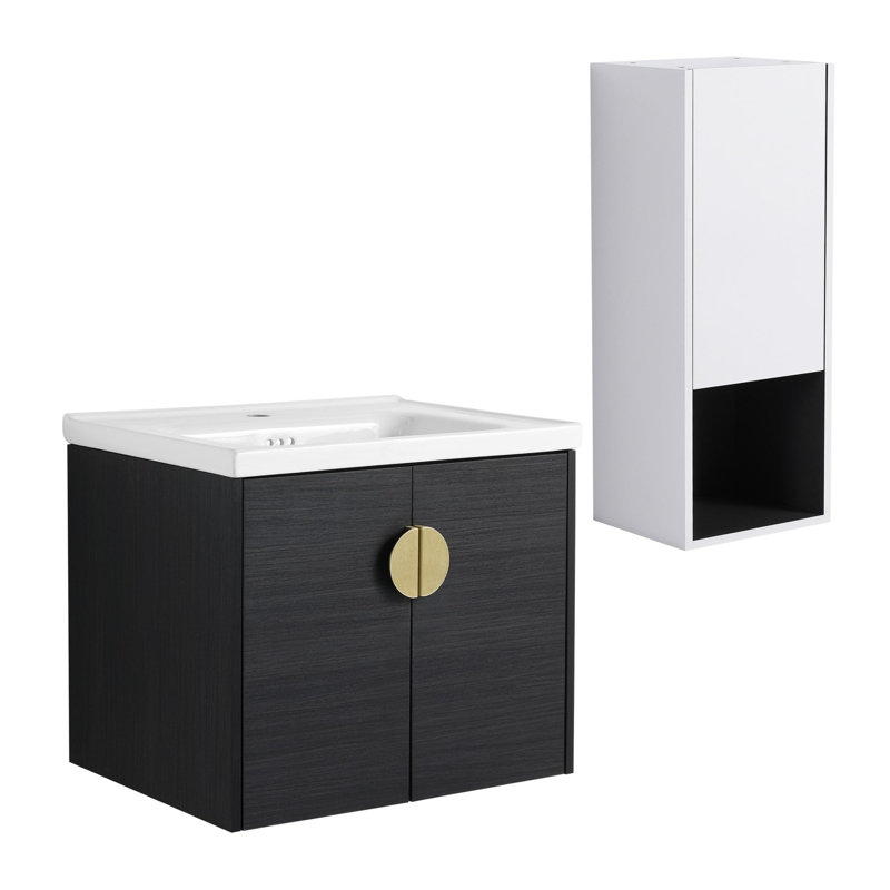 Meuble-lavabo mural de 24 pouces de qualité minimaliste avec lavabo en céramique et armoires latérales