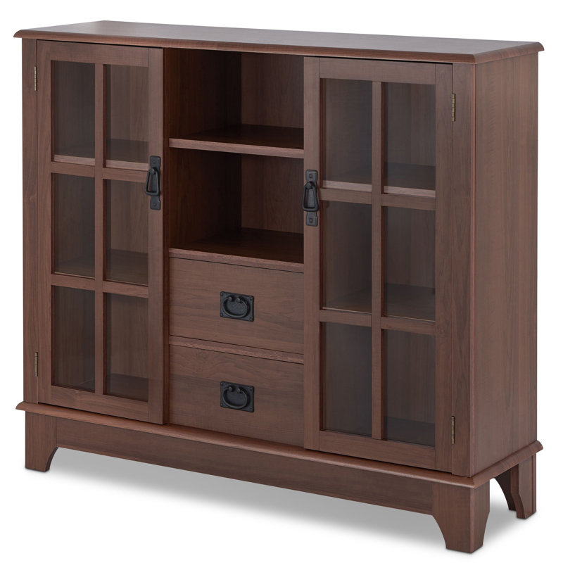 Élégante armoire en noyer avec portes en verre, 2 tiroirs et un grand espace de rangement, Brun