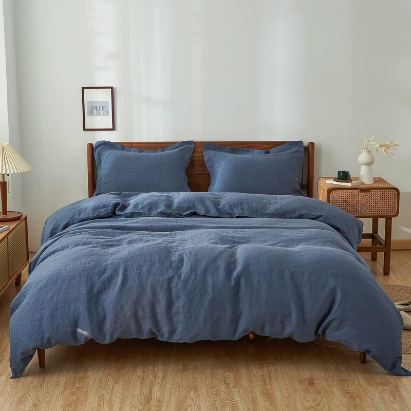 Ensemble de housse de couette 100% lin, Housse de couette double + 2 taies d'oreiller, Bleu classique