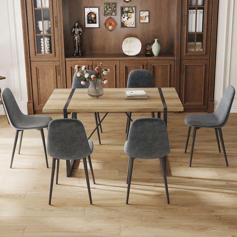 Ensemble table et chaises, table rectangulaire avec 6 chaises d'appoint rembourrées, 7 pièces : table, 6 chaises, Gris foncé