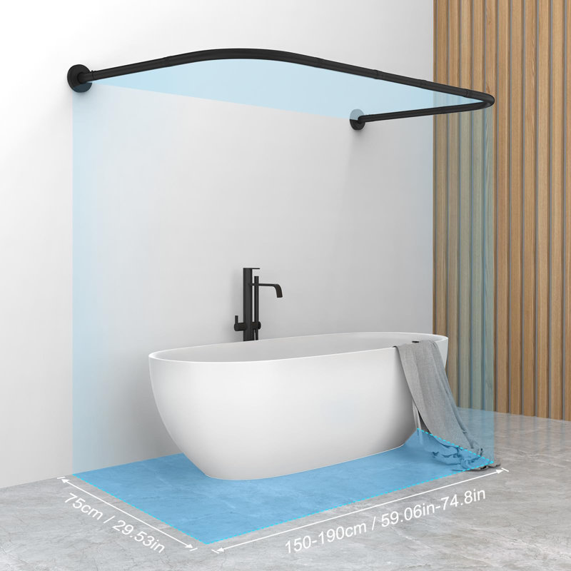 Adjustable U/L-Shaped Black Shower Curtain Rod with 24 Hooks