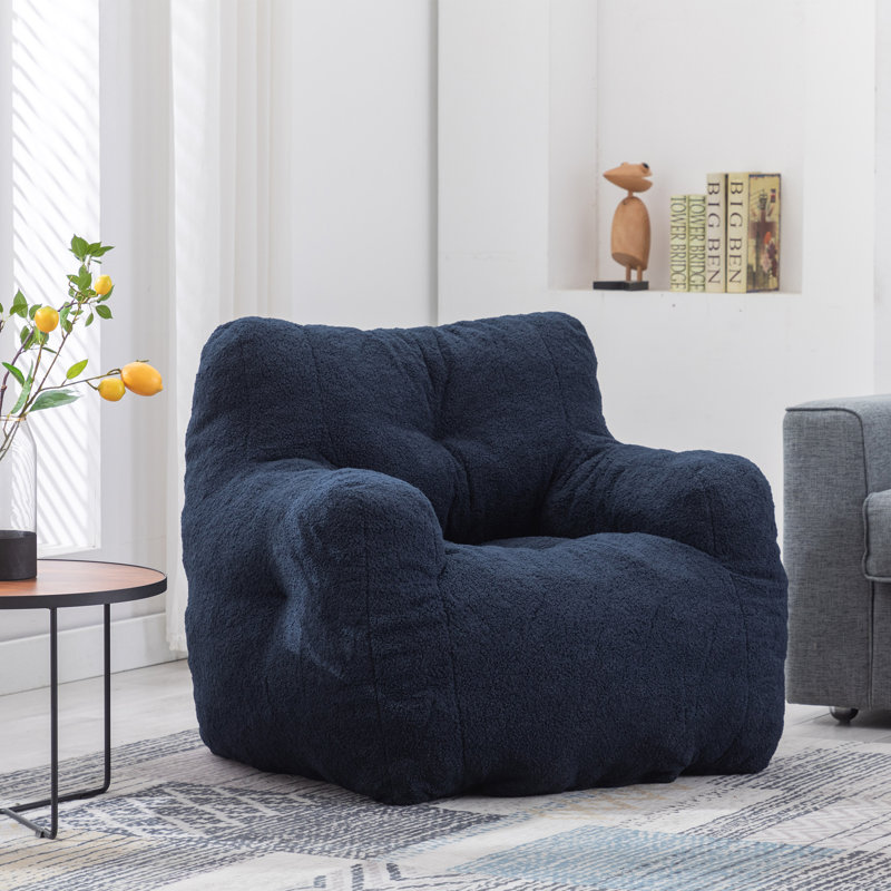 Compression Medium Adult Soft Teddy Fabric Bean Bag Chair With Foam Filled, Dark Blue Faux Fur