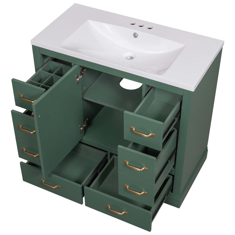 Meuble-lavabo 36 po avec lavabo 36 po, 6 tiroirs, diviseur de tiroir multifonctionnel, tablette réglable, Vert