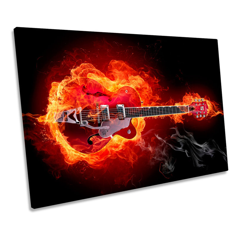 Flaming Rock Music Guitar - Wrapped Canvas Print, 30.5cm H x 45.7cm W x 2cm D