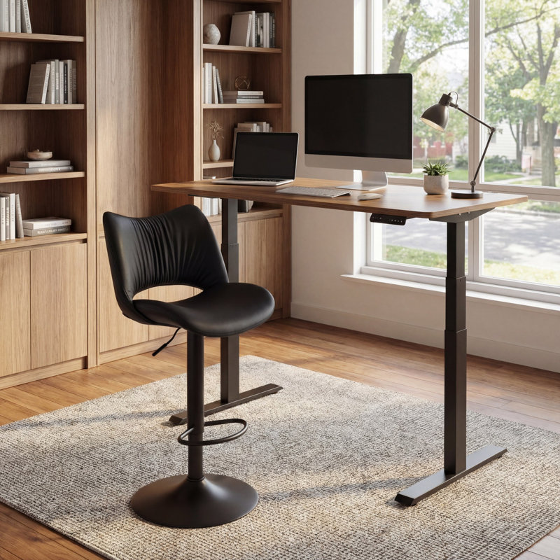 Guzzi Swivel Adjustable Height Bar Stool Modern Counter Stool Faux Leather Barstools With Metal Frame, Black