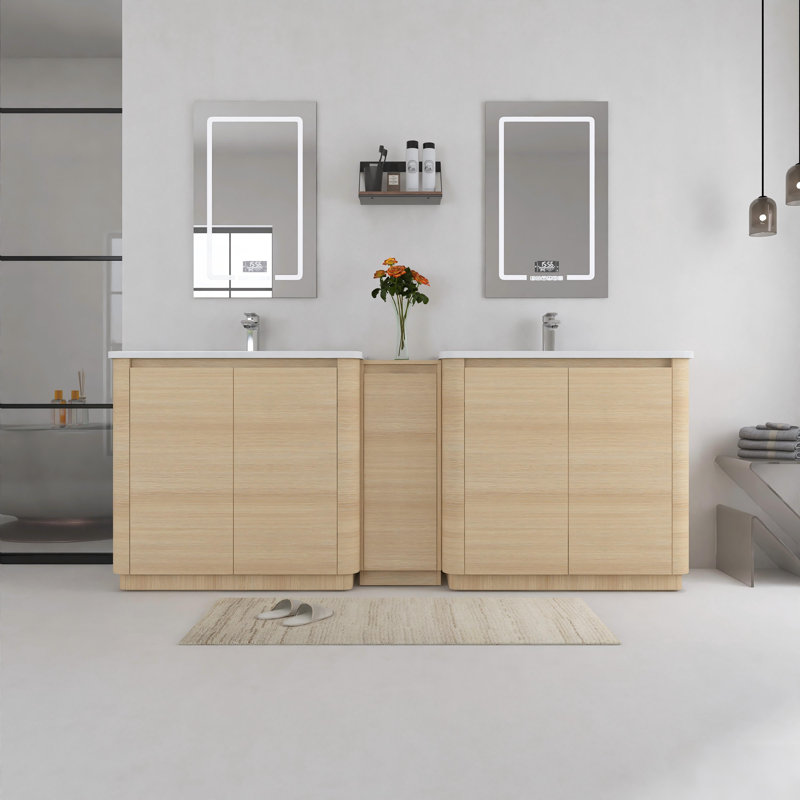 Meuble-lavabo autoportant de 84 po avec lavabo en céramique blanche et 1 armoire de rangement, portes à fermeture douce, chêne blanc américain