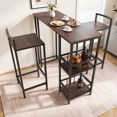 43.31" 3-Piece Bar Table Set with 2 Stools and 2-Tier Storage Shelves, Industrial Counter Height Pub Dining Set - Rustic Brown