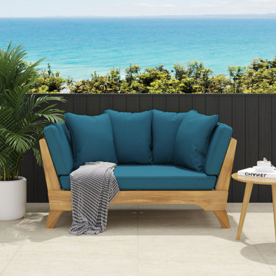 Expandable Daybed With Cushions,Outdoor Couch Acacia Wood Patio Couch With Adjustable Armrests,Outdoor Convertible Sofa With Removable Cushions&Pillows For Patio, Porch, Poolside