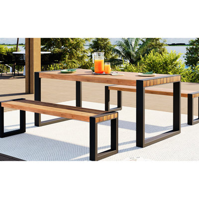 Salle à manger de patio avec plateau en bois: structure en acier, résistante aux intempéries et en acier, comprenant 1 table et 2 bancs pour divers climats