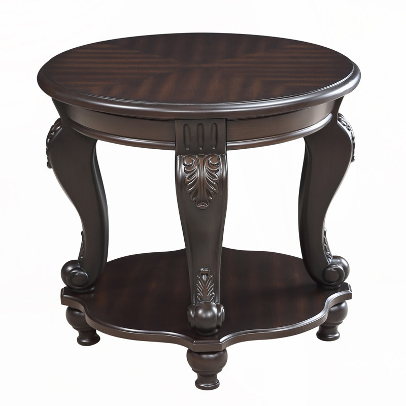 Table de bout ronde en bois massif avec tablette, Espresso