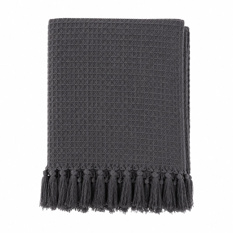 Jeté en coton avec pompons Waffle, Gris