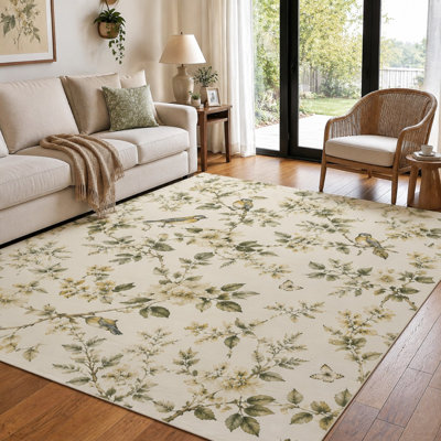 1 tapis décoratif floral à motif d'oiseaux et de papillons rétro, peu pelucheux, lavable, facile à nettoyer, grand dossier fin et antidérapant, convient au salon, à la chambre à coucher, à la cuisine, au bureau et à la maison