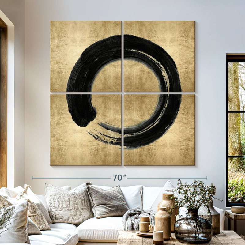 Avery, cercle zen noir sur fond doré I, H 57 po x l 57 po