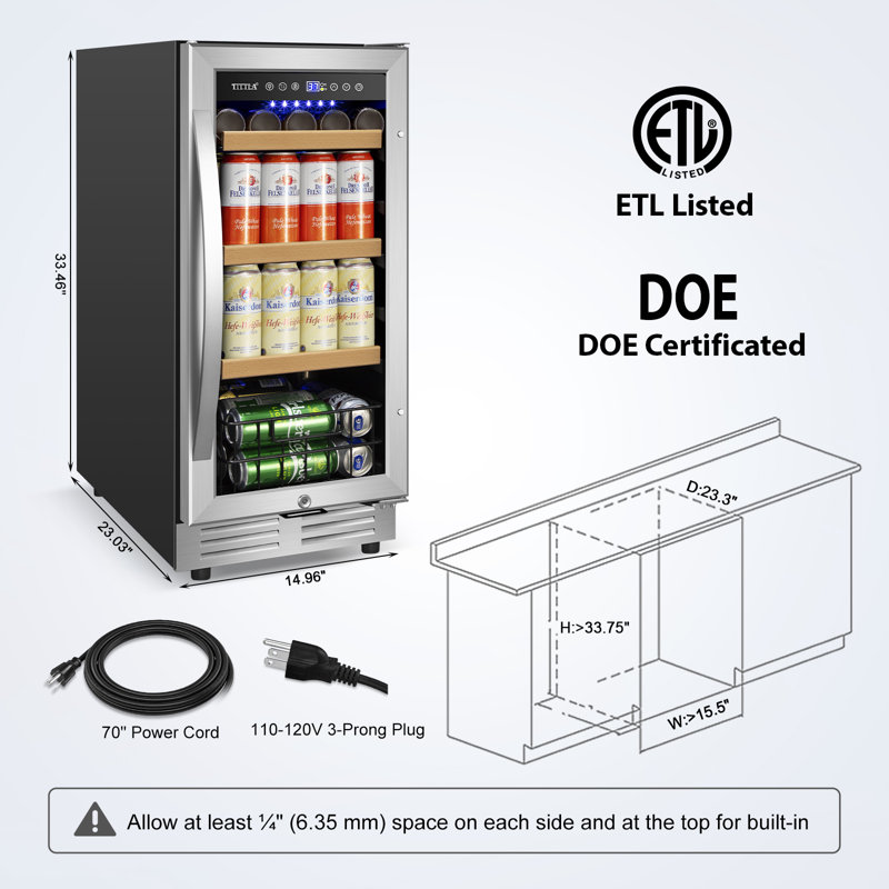 15" Beverage Refrigerator 130 Can Built-in Beer Cooler with Two Handle and Reversible Hinge