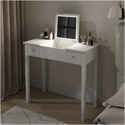 Bureau de coiffeuse multifonctionnel avec éclairage réglable à 3 niveaux avec miroir de rangement rabattable 15,75 po Table de maquillage profonde 2 tiroirs 3 boîtes de rangement amovibles Bureau de bureau compact blanc
