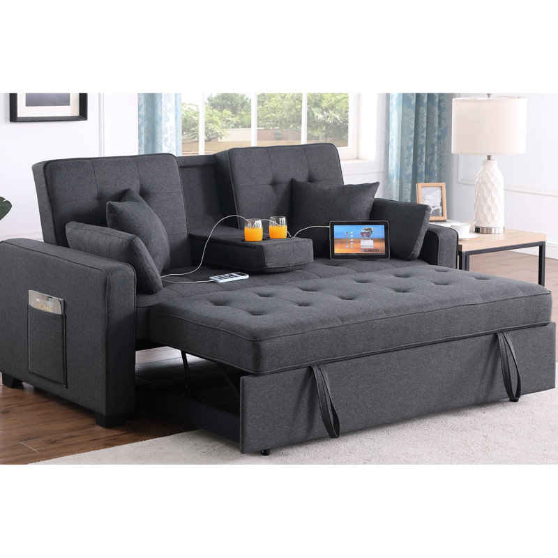 Canapé-lit de 178 cm (70 pouces) en lin gris foncé avec poche latérale, siège à ressorts pour plus de confort, largeur réglable, ouvertures en C et 4 coussins décoratifs. Style moderne.