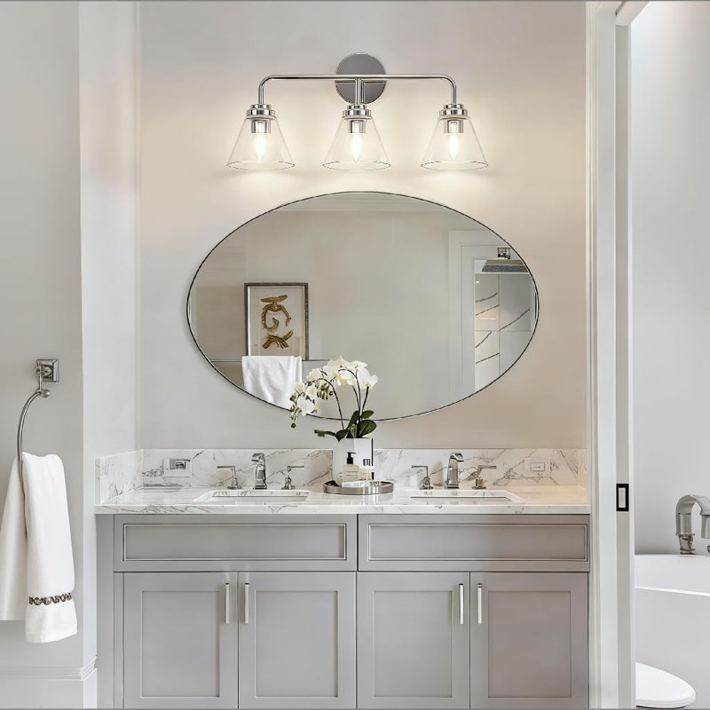 Luminaire de meuble-lavabo moderne 3 lumières avec abat-jour en verre conique transparent, Chrome poli
