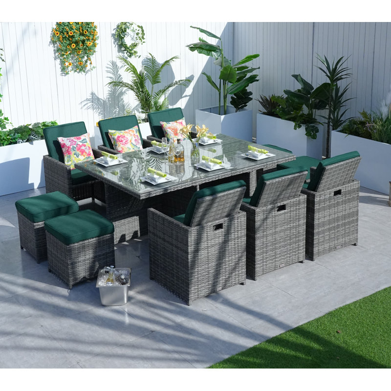 10 - Person Wicker Patio Dining Set with Rectangular Table , Cushions Included, Gray, Atrovirens