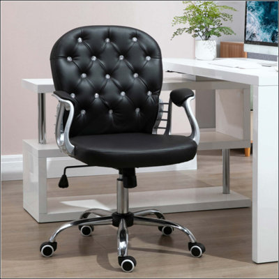 PU Leather Home Office Chair, Button Tufted Desk Chair With Padded Armrests, Adjustable Height And Swivel Wheels