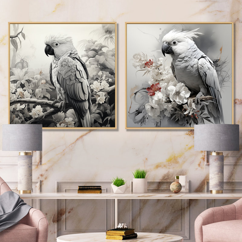 Ensemble de salon mural gris avec perroquet tropical Grace I - 2, H 16 po x l 33 po x P 1 po, Cadre flottant brun