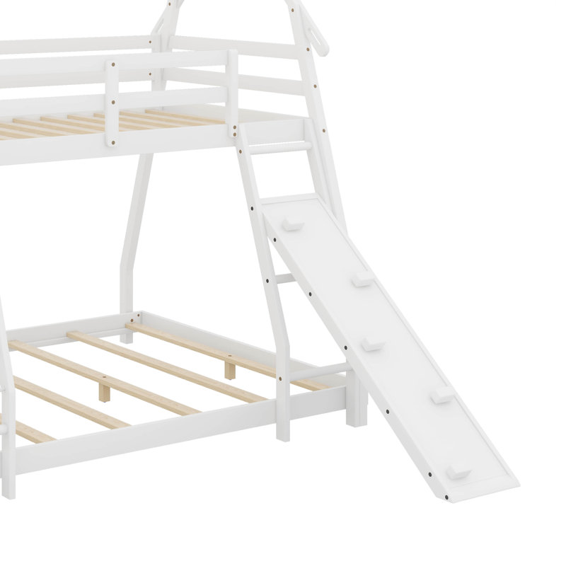Twin Over Queen House Bunk Bed With Climbing Nets And Climbing Ramp, White