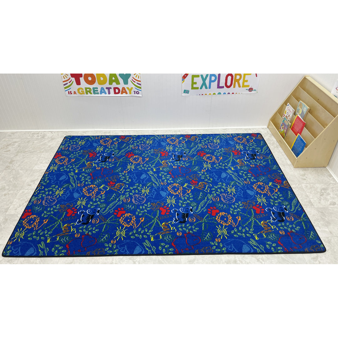 Animal Doodles Blue Area Rug Kid Carpet Rug 