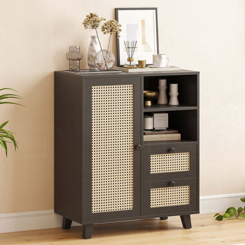 Rattan Buffet Cabinet with Drawers, Black