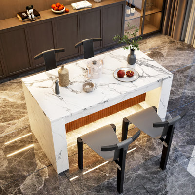 63" Rectangular Imitation Marble Dining Table For 4-6 People, Modern Kitchen Island Table With Led Lights And Grille Design