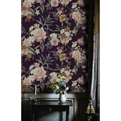 Papier peint floral prune foncé foncé avec roses