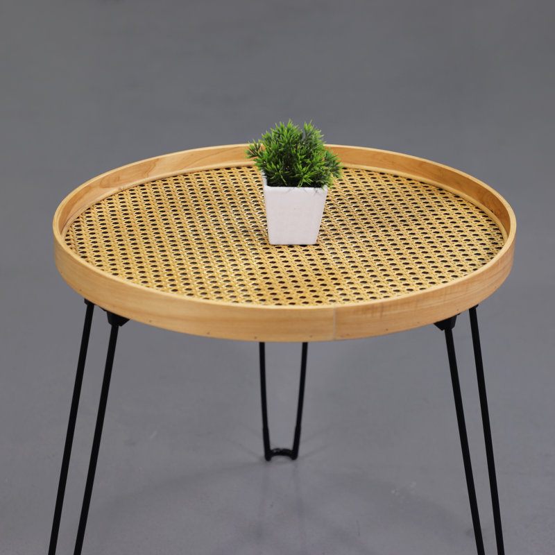 Round Wood And Rattan Side Table, Foldable Table With Metal Tripod, Rattan Round Tray Top, Boho Style, Chic Coffee Table, Side Table (Height 17.7", Grid Knit Pattern)