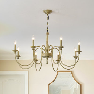 Grand lustre de ferme 8 lumières, candélabre blanc vieilli pour plafonds hauts