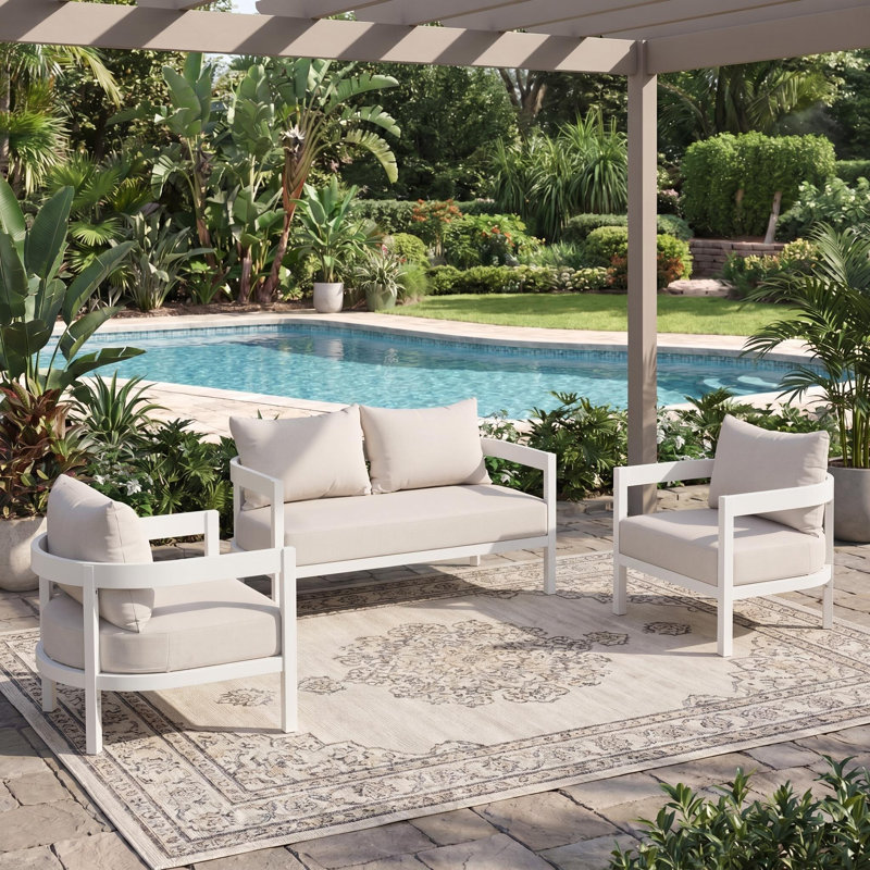 Contour Outdoor 4-Person Aluminum Conversation Set With Curved Backrest & Water-Repellent Cushions, 3 PCs: 2 Chairs, Loveseat