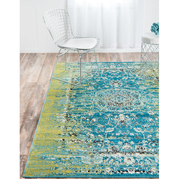 Bungalow Rose Yareli Machine Woven Performance Blue/Green Rug & Reviews ...