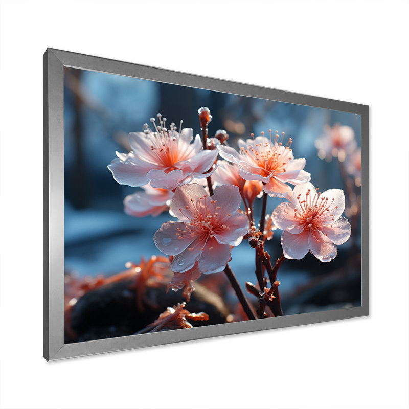«Winter Landscape Frozen Blossoms I», reproduction sur toile, H 16 po x l 32 po x P 1 po, Cadre simple argenté