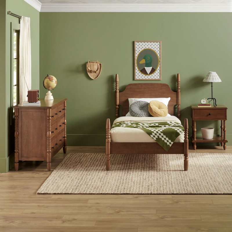 Solid Wood 3-Piece Spindle Vivienne  Bed With Walker Edison Easy Assembly 1-Drawer Nightstand And 6-Drawer Dresser, Twin