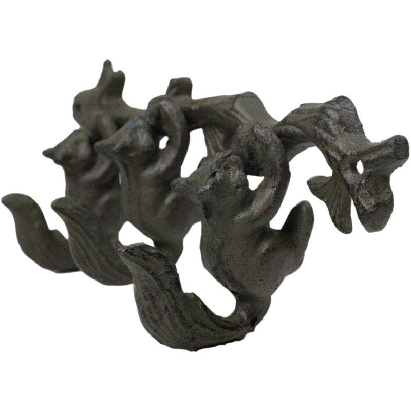 Rustic Country Cast Iron Squirrel On Tree Branch 4-Peg Wall Coat Hooks 13"L