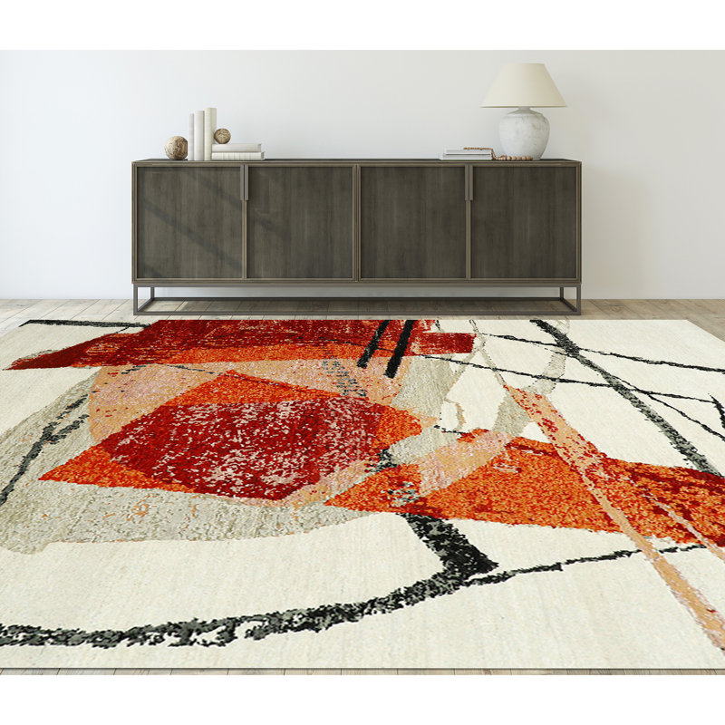 High-Quality Hand-Knotted Red/Black/Gray Area Rug, Rectangle 9' x 12', Ivory/Red