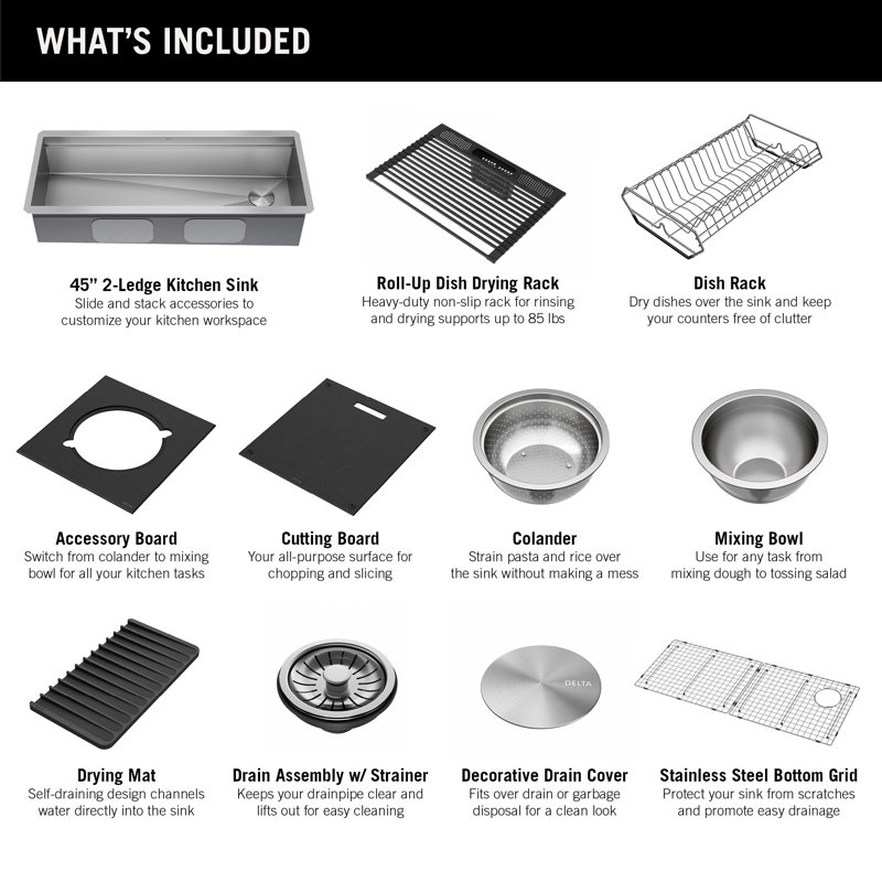 Delta Rivet™ 45" L Workstation Kitchen Sink Undermount 16 Gauge Stainless Steel Single Bowl with 2-Tier WorkFlow™ Ledge