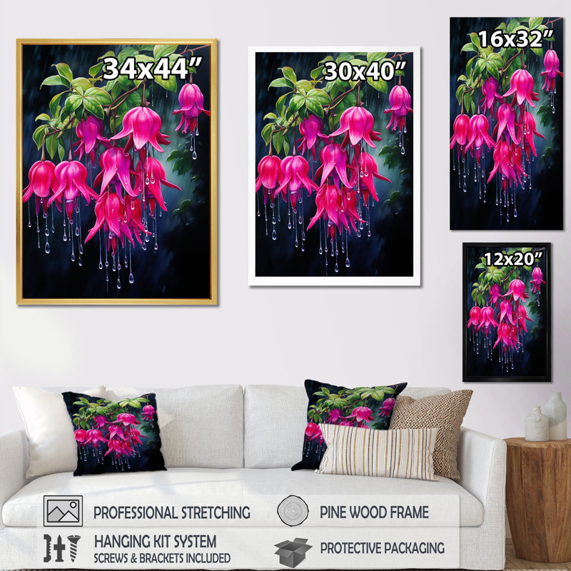 Fuchsia en noir et rose I sur toile, Cadre naturel flottant, H 32 po x l 16 po x P 1 po