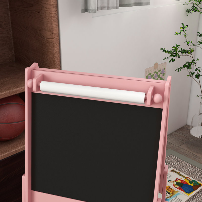 Qaba Art Easel for Kids with Paper Roll, Blackboard, Whiteboard, Pink,wood