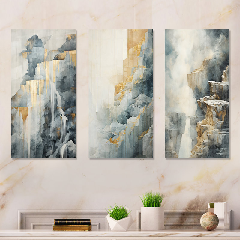 Scène d'aventure en cascade dorée et grise, H 28 po x l 36 po, Toile tendue