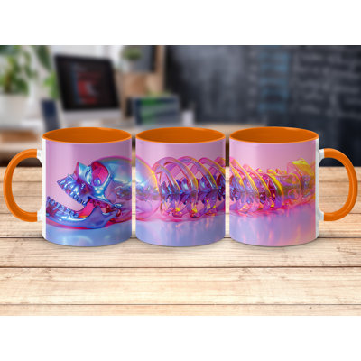 Colourful 3D Design 11oz Accent Mugs – White Ceramic Coffee Cup with an Orange Handle and Interior