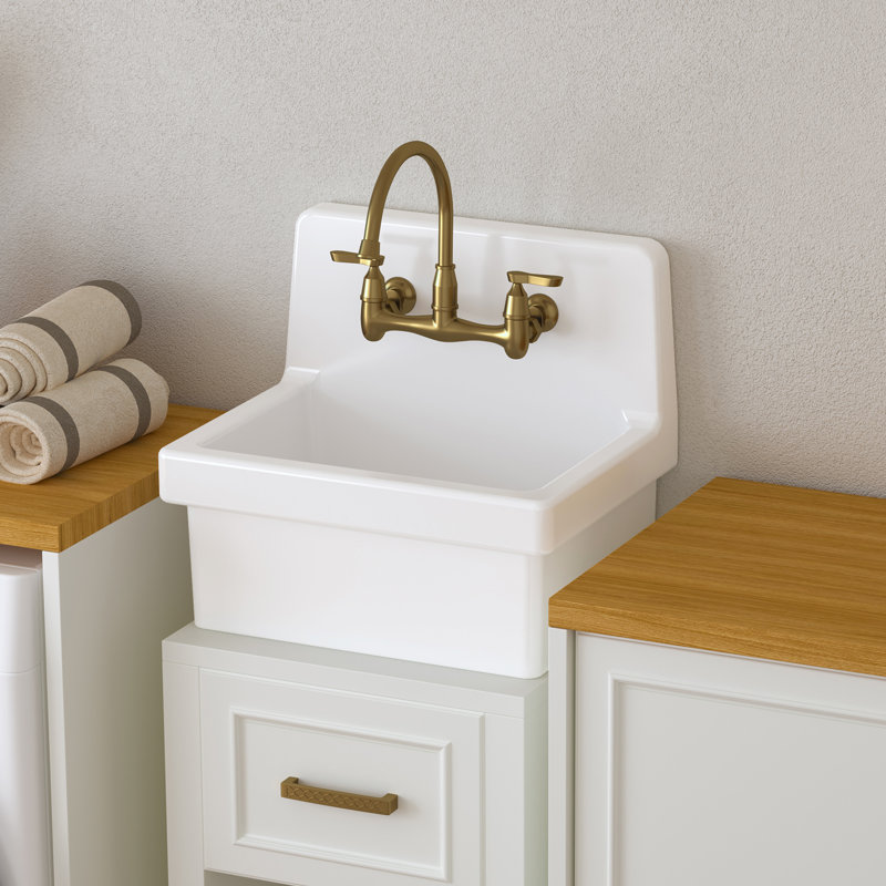 21 Inch Wall Mount Utility Sink, High Back Farmhouse Sink, White Ceramic Bathroom Sink Above Counter, Floating Porcelain Laundry Tub for Kitchen, Bathroom, Garage (21.3" x 16.2")