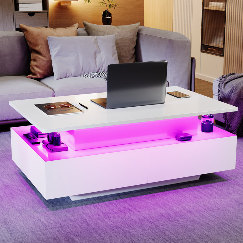 Rectangular LED Lift Top Coffee Table With 4 Drawers & Hidden Compartment, White