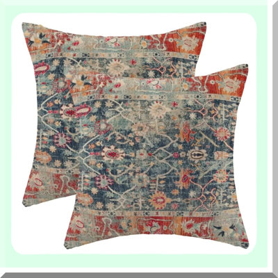 Boho Farmhouse Linen Pillow Covers - Set of 2 Colorful Vintage Retro Decorative Throw Cushion - Square Outdoor Sofa Home Decor