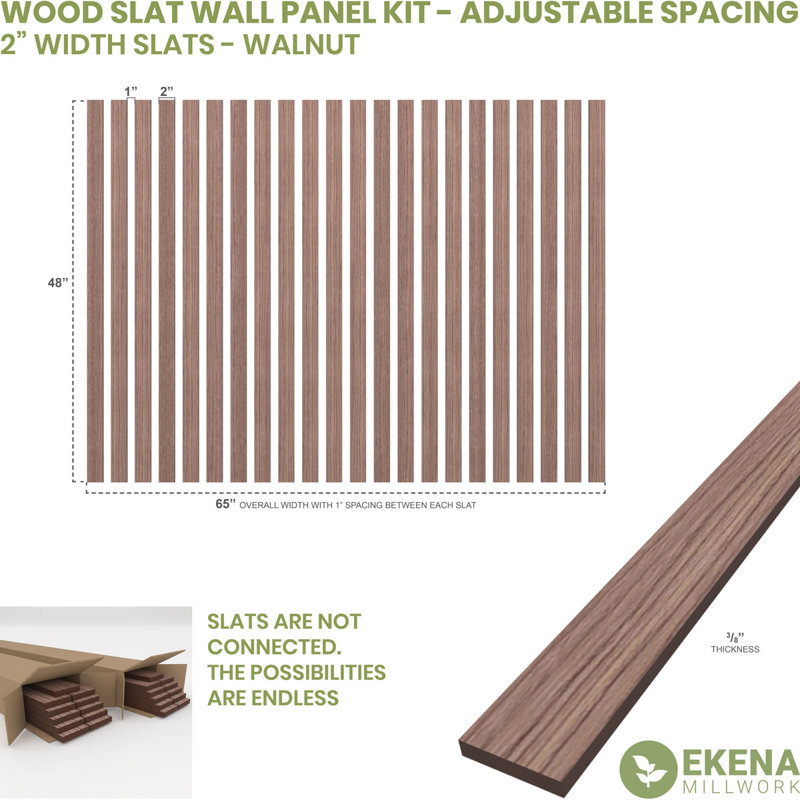 Adjustable Wood Slat Wall Panel Kit, 2"W x 47"H x 0.375"T, Walnut