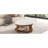 Large round ottoman coffee table | 2-tier button tufted design | wood shelf storage | waterproof linen upholstery | wheeled footrest